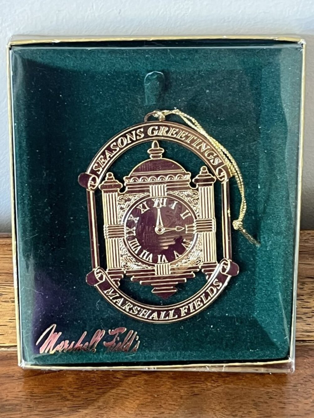 Marshall Fields Gold Engraved Clock Ornament Seasons Greetings Metal Vintage
